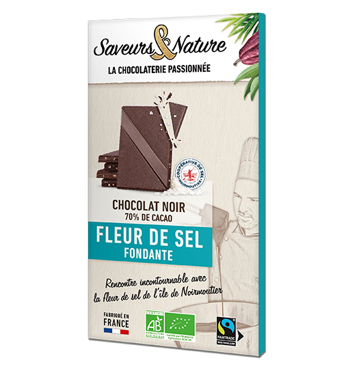 Découvrez l'équilibre parfait entre la douceur du chocolat noir 70% et la subtile saveur de la fleur de sel de Noirmoutier dans cette tablette de 80g.