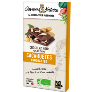 Une tablette de chocolat noir 70% avec des cacahuètes incrustées et une pointe de fleur de sel de Noirmoutier, offrant une explosion de saveurs en 80g.