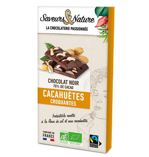 Une tablette de chocolat noir 70% avec des cacahuètes incrustées et une pointe de fleur de sel de Noirmoutier, offrant une explosion de saveurs en 80g.